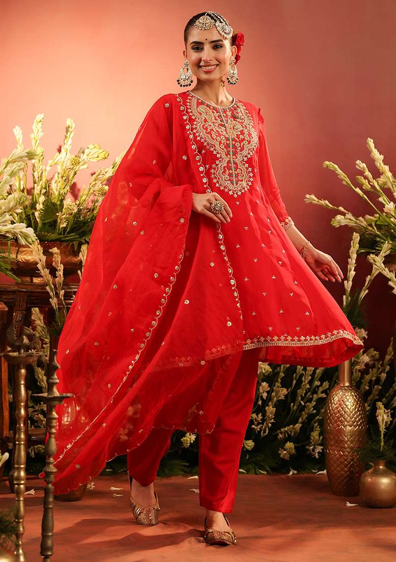 Red Embroidered Silk Blend Straight Kurta Set - Indya