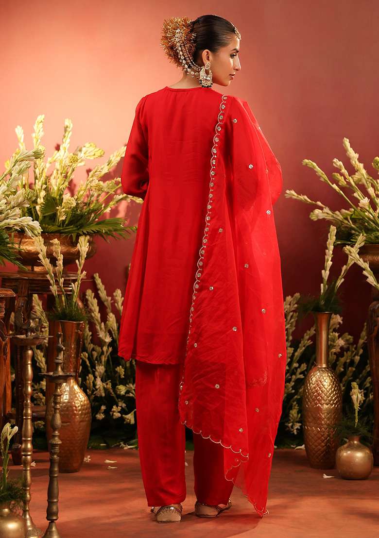 Red Embroidered Silk Blend Straight Kurta Set - Indya