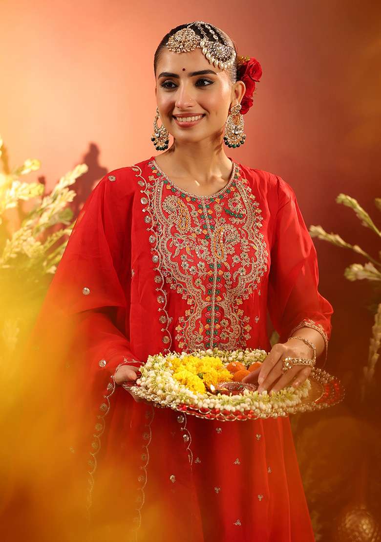 Red Embroidered Silk Blend Straight Kurta Set - Indya