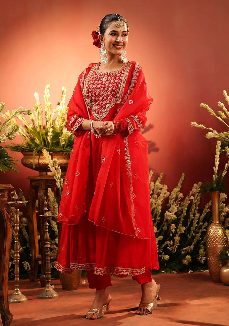 Red Embroidered Silk Blend A Line Kurta Set - Indya