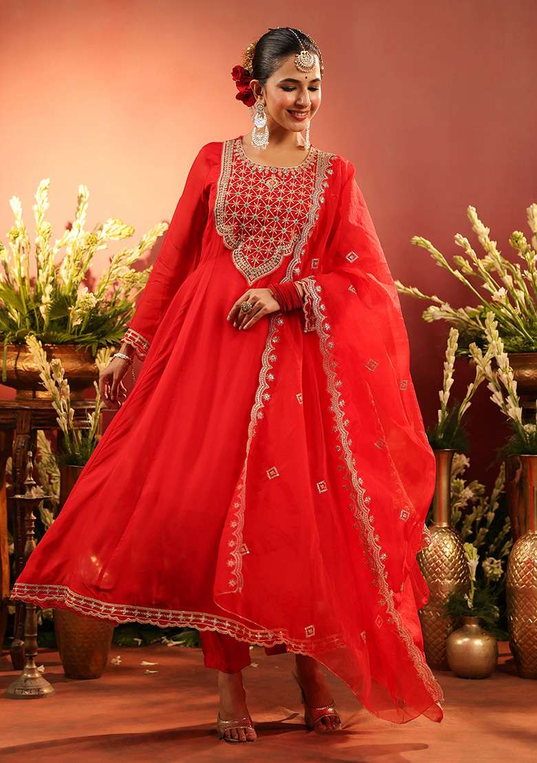 Red Embroidered Silk Blend A Line Kurta Set - Indya