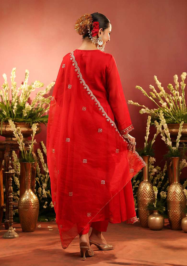 Red Embroidered Silk Blend A Line Kurta Set - Indya