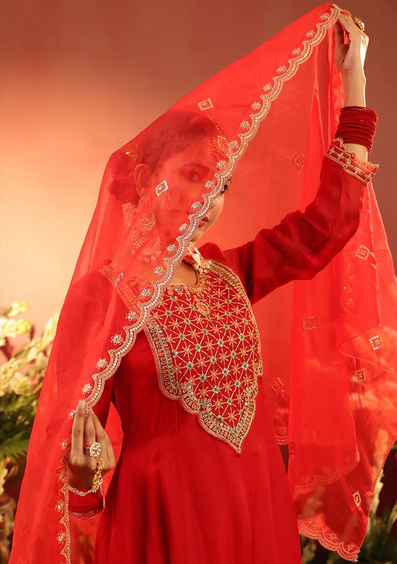 Red Embroidered Silk Blend A Line Kurta Set - Indya