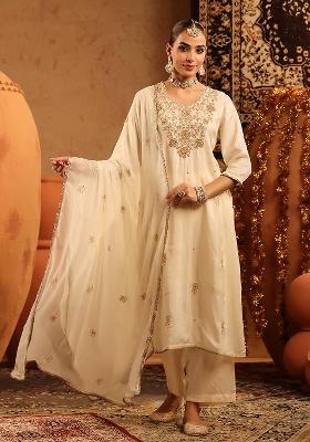 Ivory Embroidered Silk Straight Kurta Set