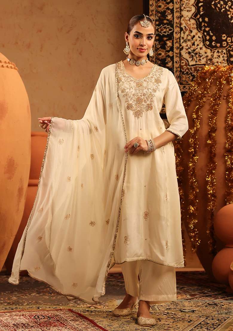 Ivory Embroidered Silk Blend Straight Kurta Set - Indya