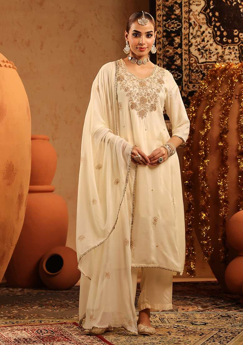 Ivory Embroidered Silk Blend Straight Kurta Set - Indya