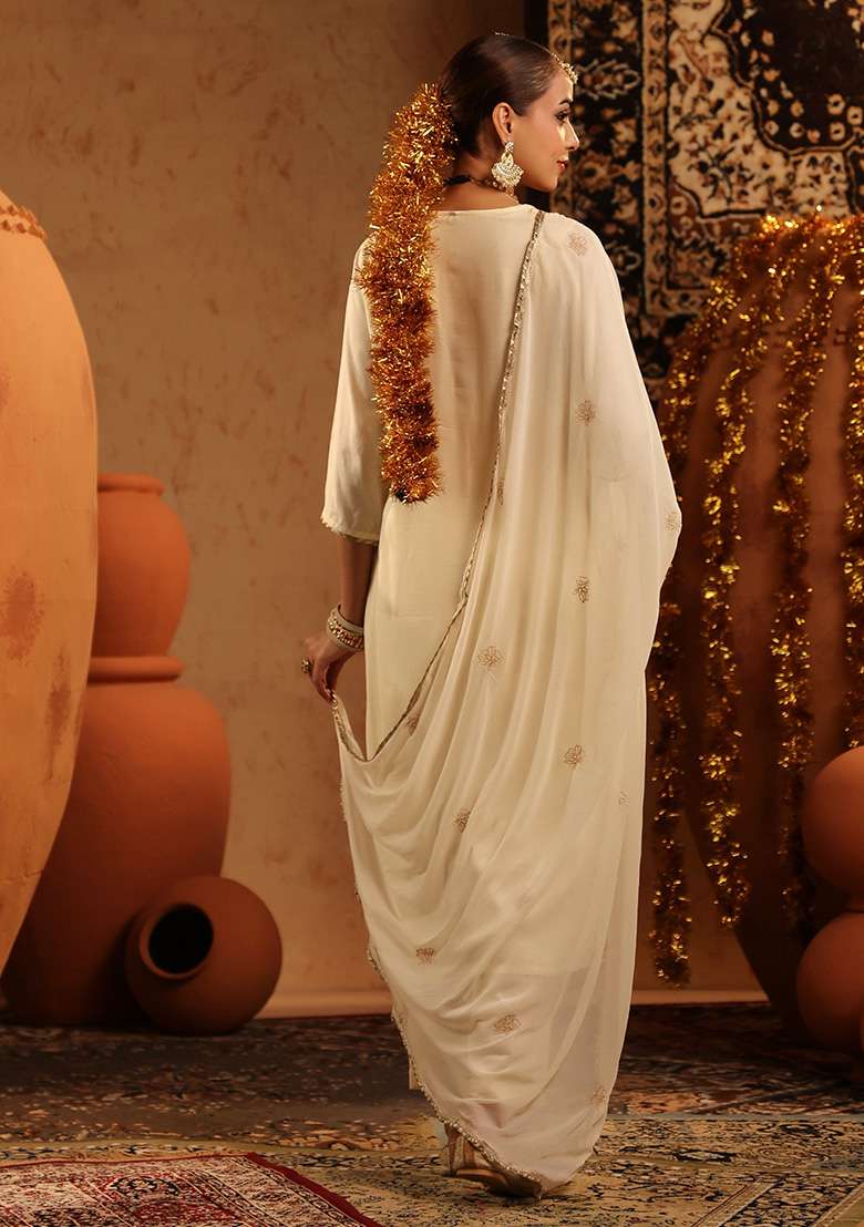 Ivory Embroidered Silk Blend Straight Kurta Set - Indya