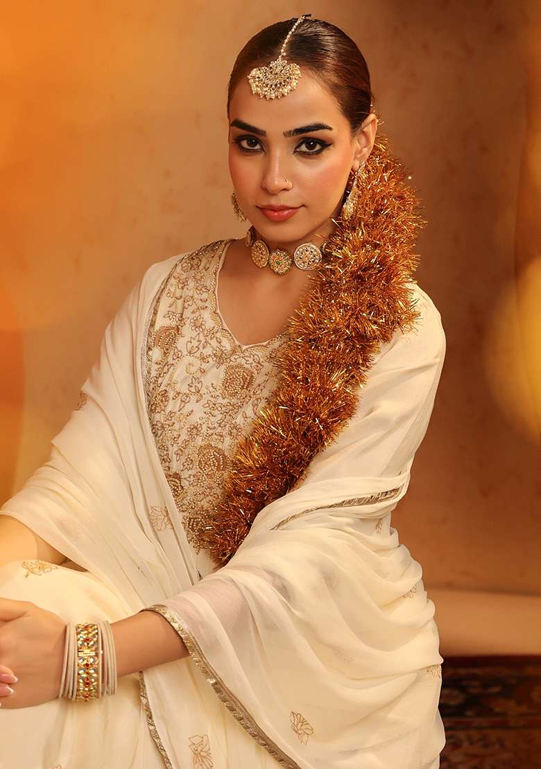 Ivory Embroidered Silk Blend Straight Kurta Set - Indya