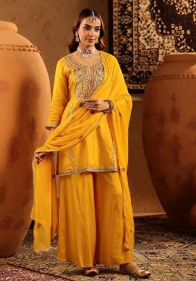 Mustard Embroidered Silk Blend Sharara Set