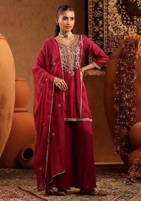 Wine Embroidered Silk Blend Pakistani Suit Set