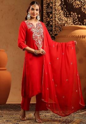 Red Embroidered Silk Straight Kurta Set