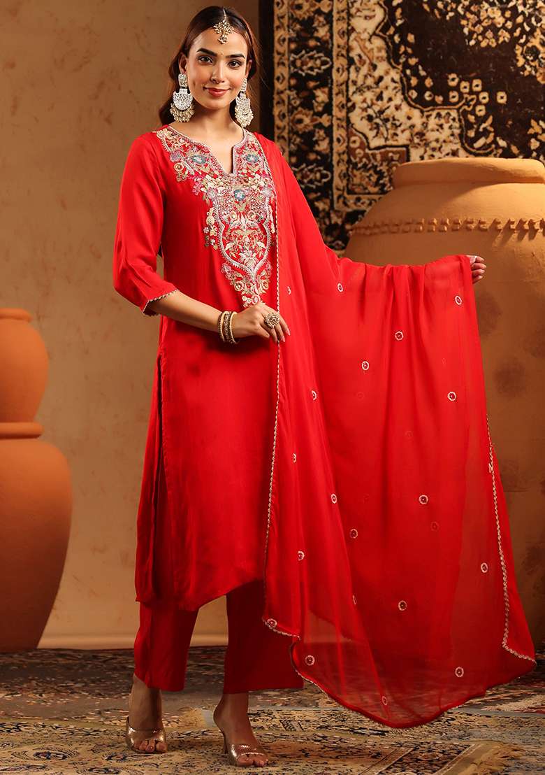 Red Embroidered Silk Blend Straight Kurta Set - Indya