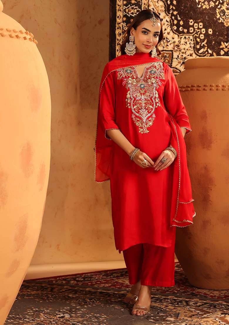 Red Embroidered Silk Blend Straight Kurta Set - Indya