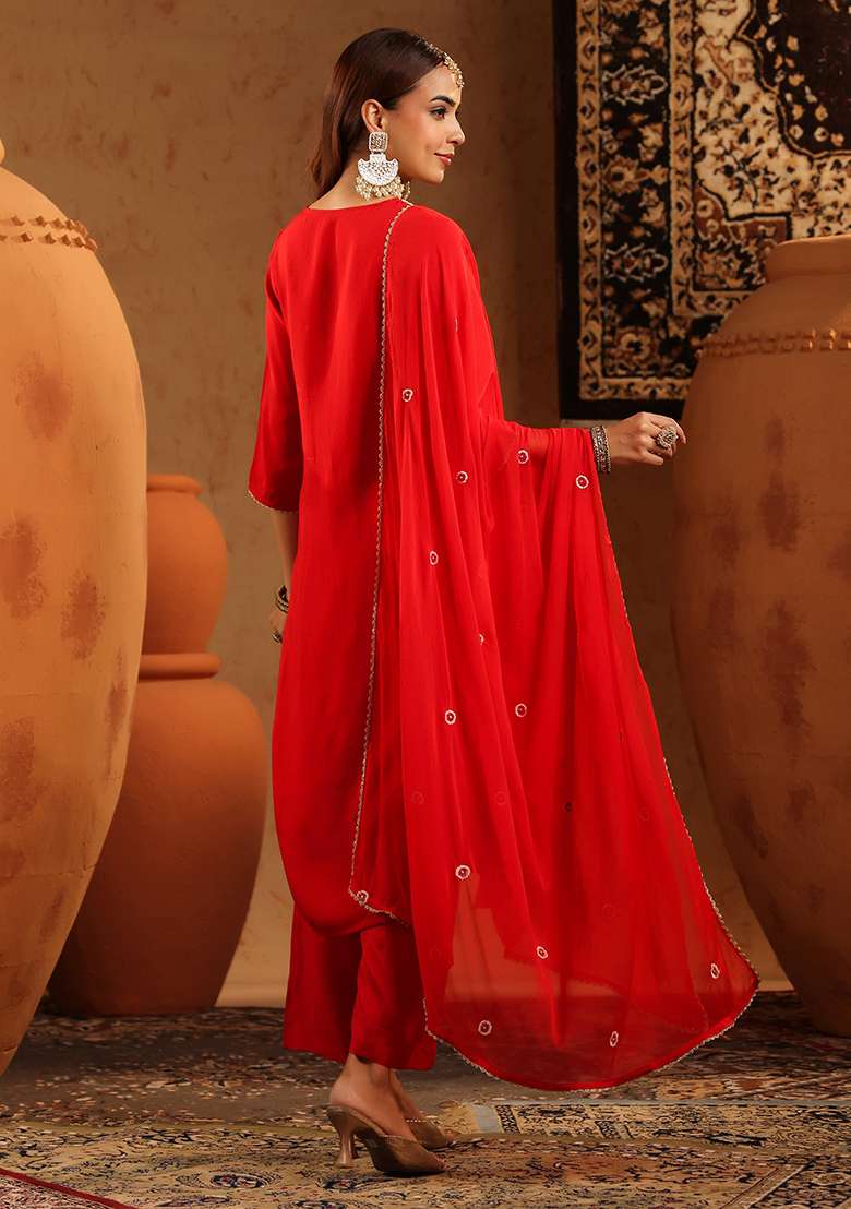 Red Embroidered Silk Blend Straight Kurta Set - Indya