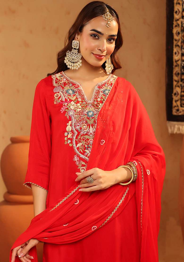 Red Embroidered Silk Blend Straight Kurta Set - Indya