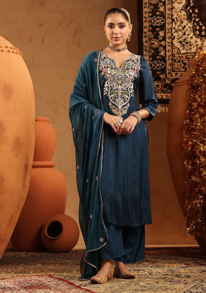 Teal Embroidered Silk Blend Straight Kurta Set - Indya