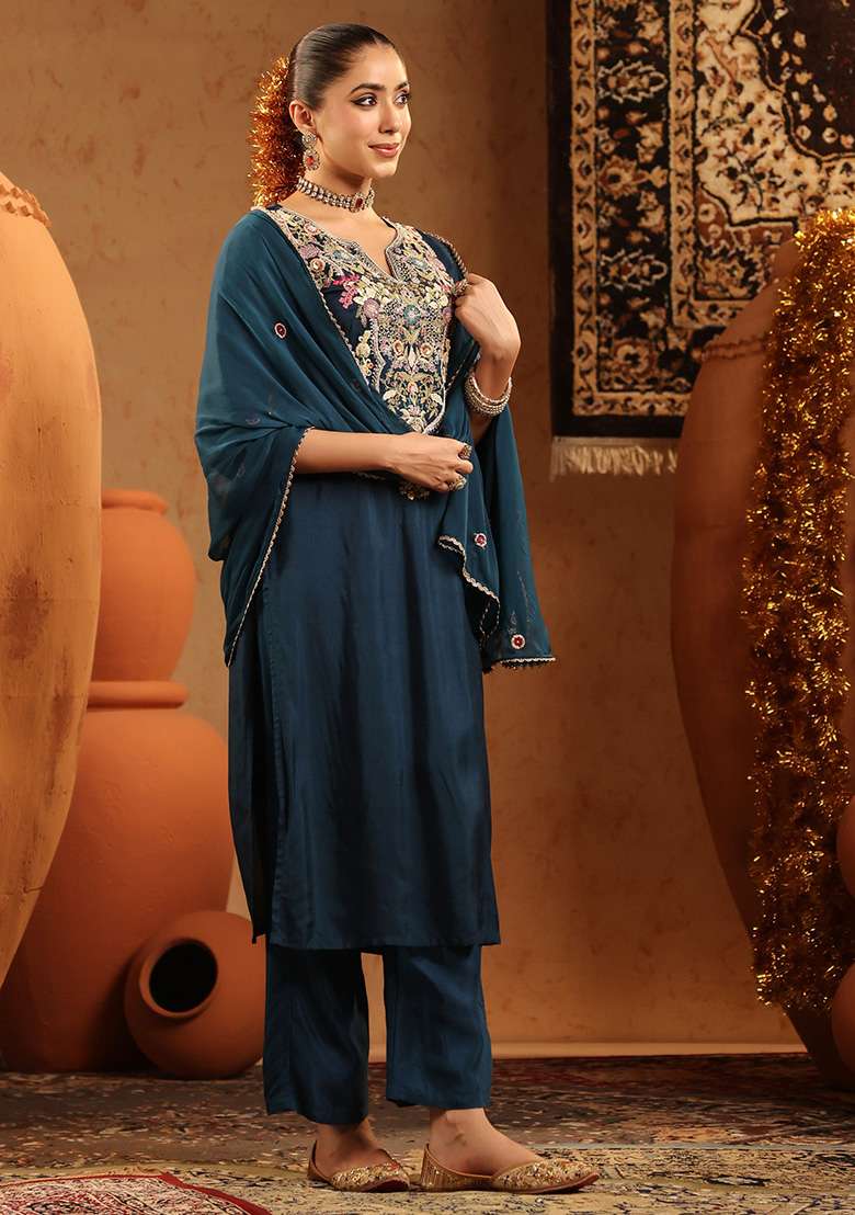 Teal Embroidered Silk Blend Straight Kurta Set - Indya