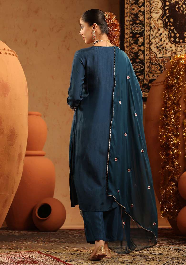 Teal Embroidered Silk Blend Straight Kurta Set - Indya