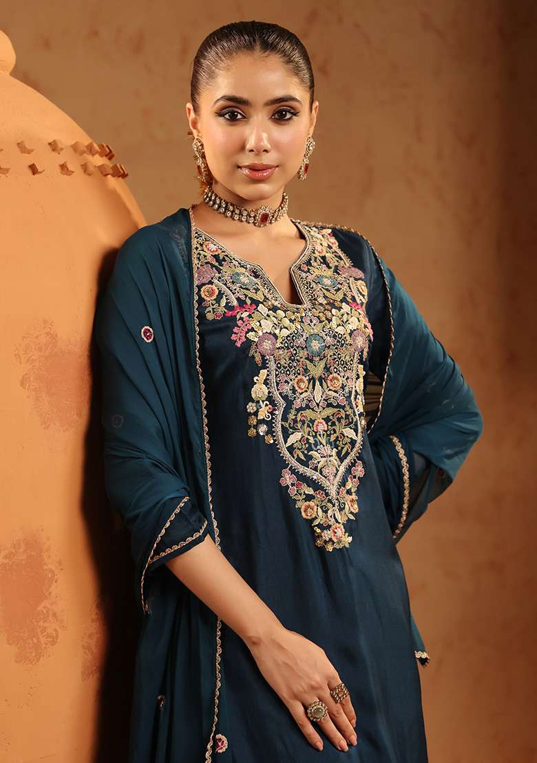 Teal Embroidered Silk Blend Straight Kurta Set - Indya