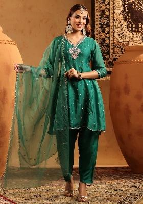 Green Embroidered Silk Anarkali With Dupatta