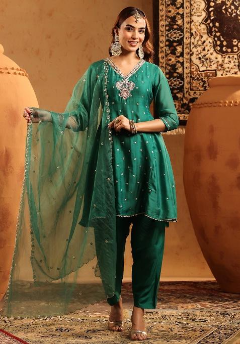 Green Embroidered Silk Anarkali Set