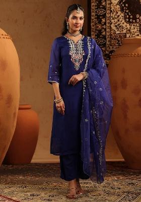 Midnight Blue Embroidered Silk Straight Kurta Set