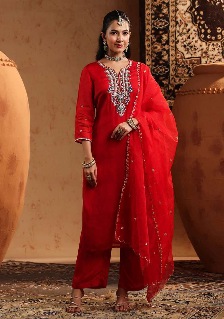 Red Embroidered Silk Blend Straight Kurta Set - Indya