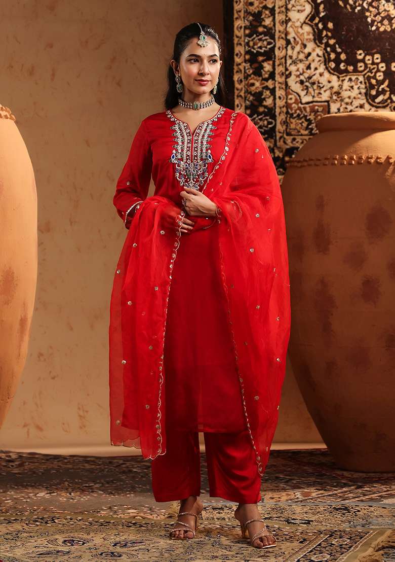 Red Embroidered Silk Blend Straight Kurta Set - Indya