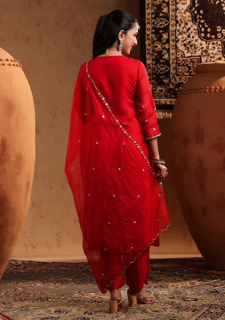 Red Embroidered Silk Blend Straight Kurta Set - Indya