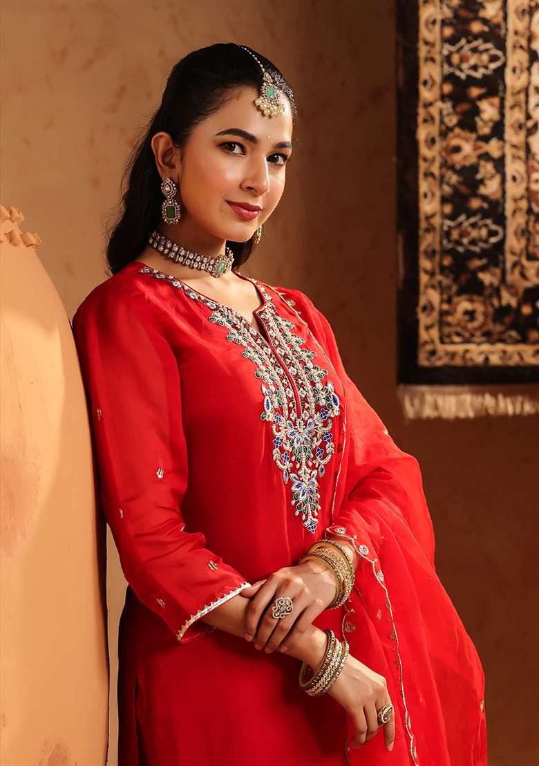 Red Embroidered Silk Blend Straight Kurta Set - Indya