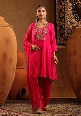 Fuchsia Embroidered Silk Anarkali With Dupatta