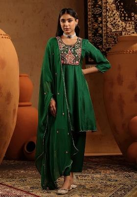 Green Embroidered Silk Anarkali With Dupatta