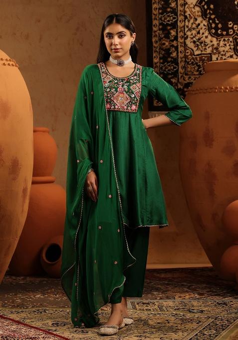 Green Embroidered Silk Anarkali Set