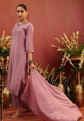 Lavender Embroidered Chanderi Straight Kurta Set