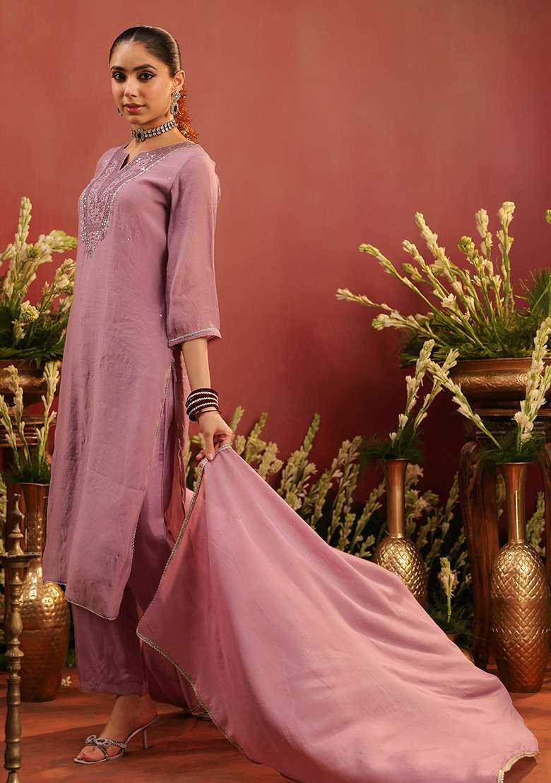 Lavender Embroidered Chanderi Straight Kurta Set - Indya