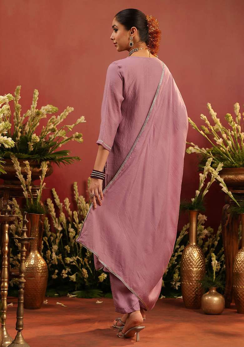 Lavender Embroidered Chanderi Straight Kurta Set - Indya