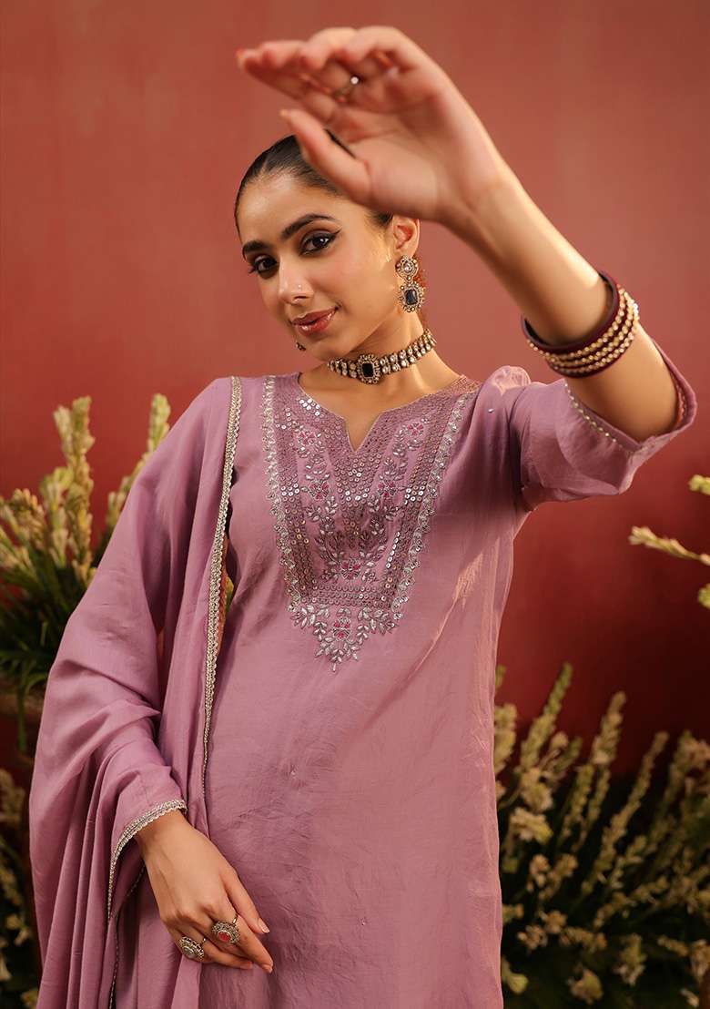 Lavender Embroidered Chanderi Straight Kurta Set - Indya
