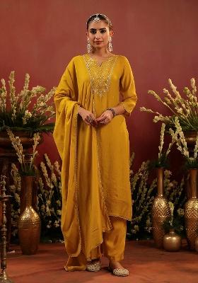 Mustard Embroidered Chanderi Straight Kurta Set