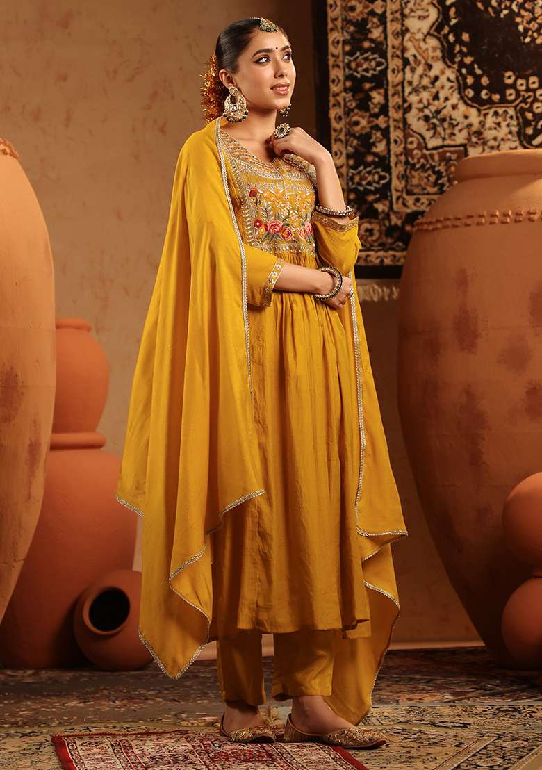 Mustard Embroidered Chanderi Anarkali With Dupatta - Indya