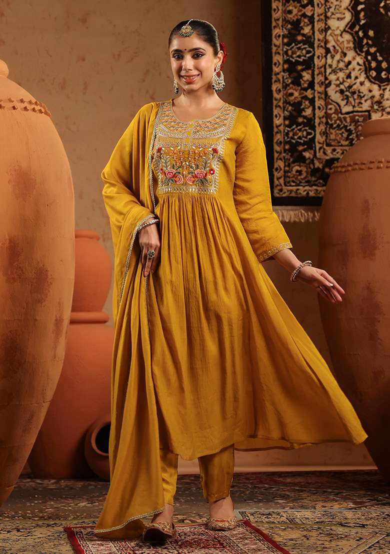 Mustard Embroidered Chanderi Anarkali With Dupatta - Indya