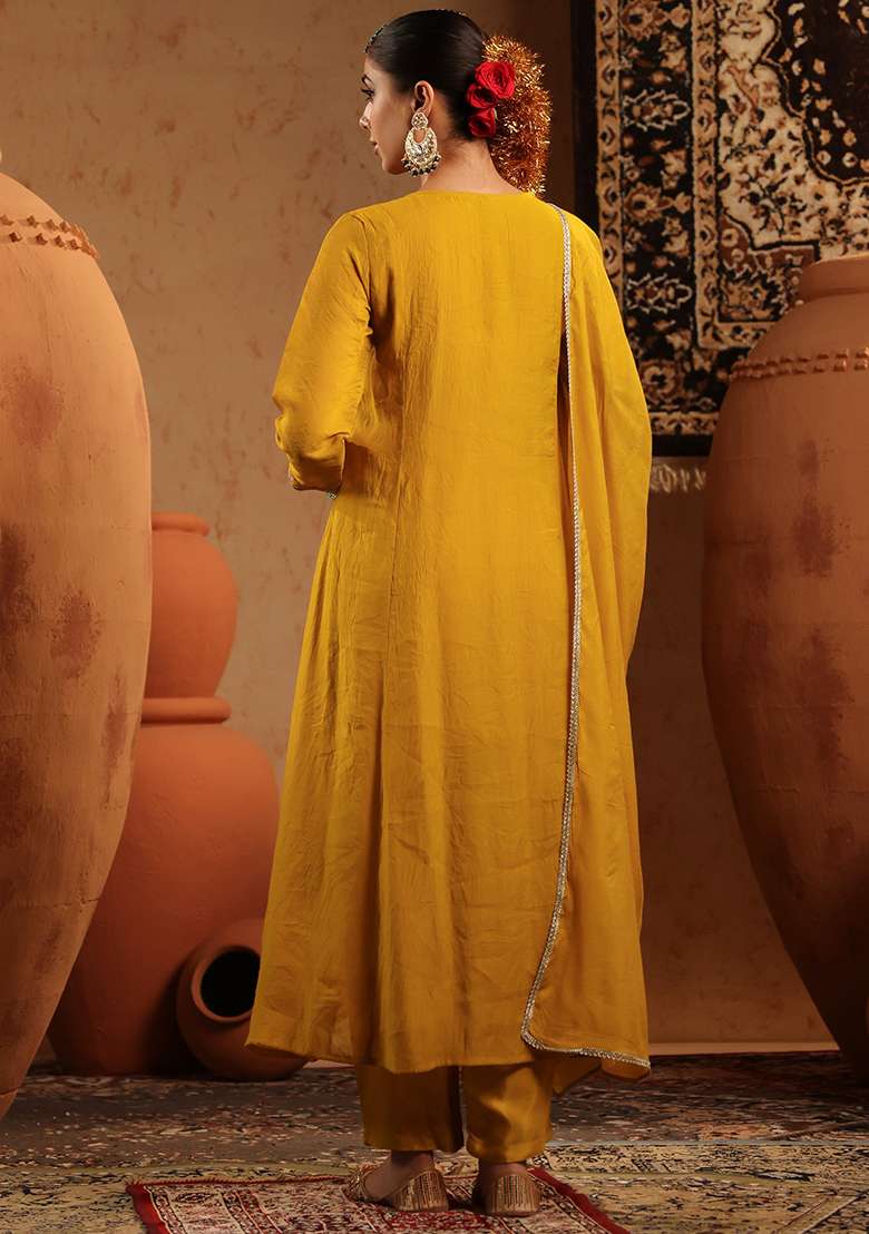 Mustard Embroidered Chanderi Anarkali With Dupatta - Indya