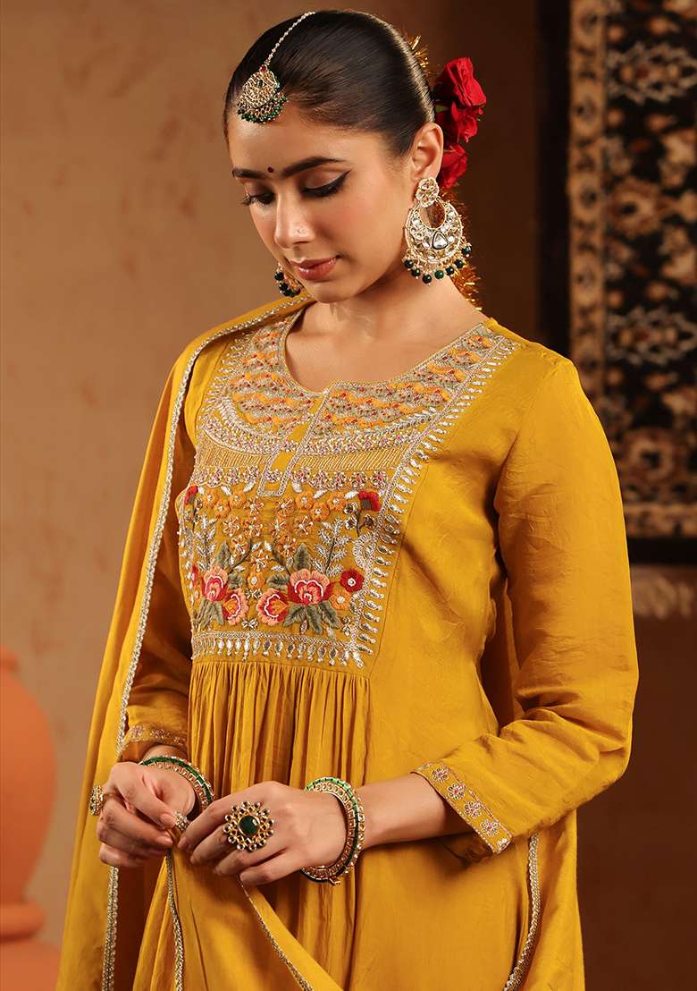 Mustard Embroidered Chanderi Anarkali With Dupatta - Indya