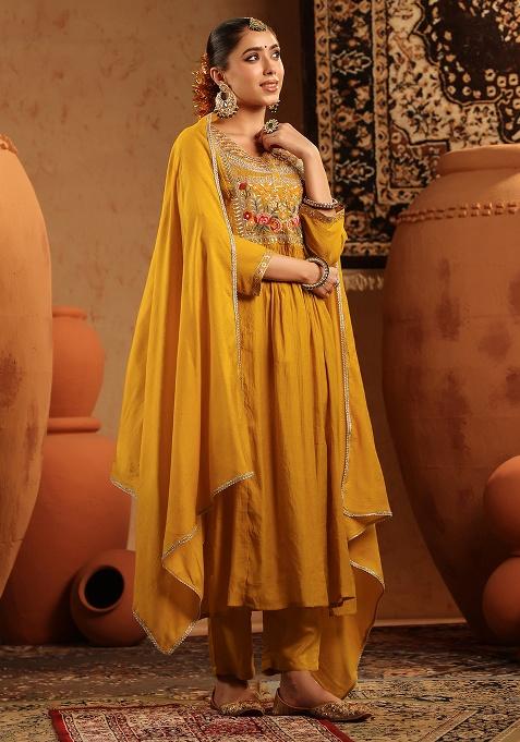 Mustard Embroidered Chanderi Anarkali Set