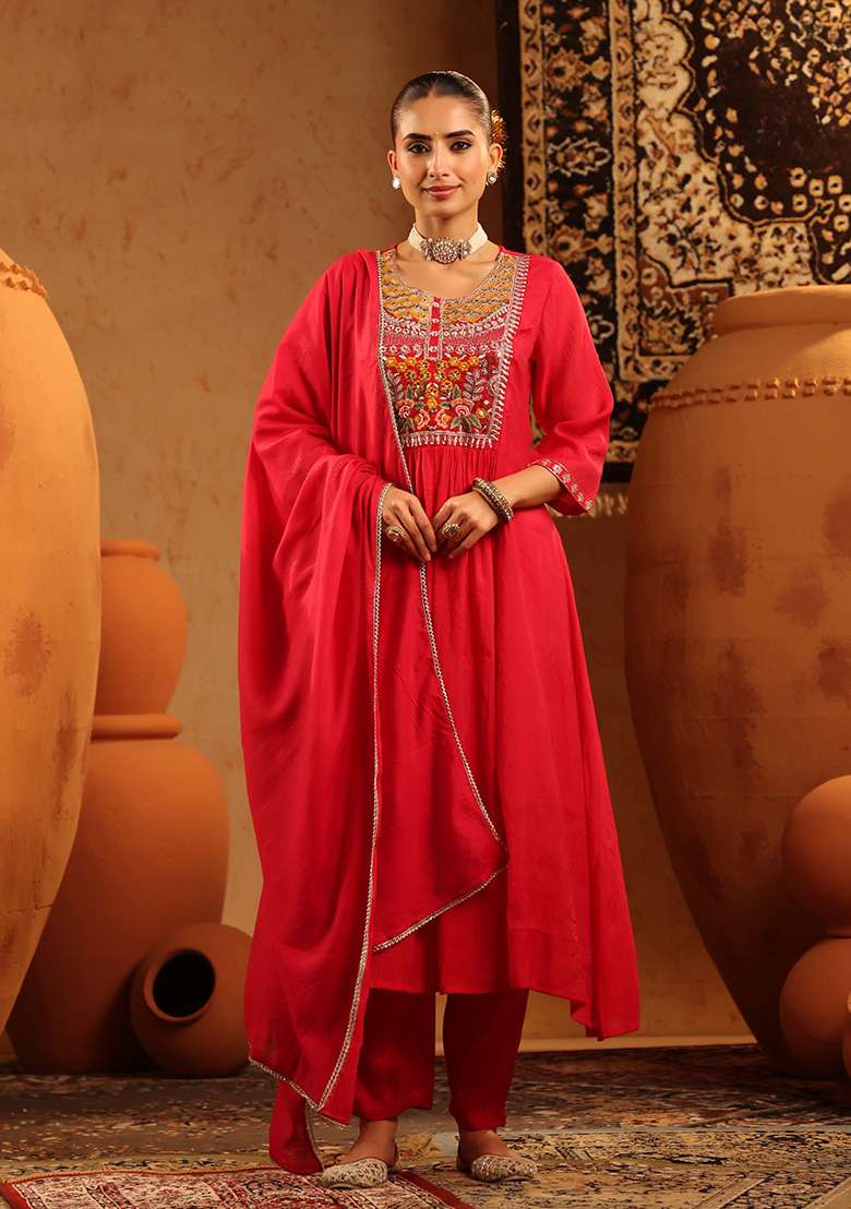 Red Embroidered Chanderi Anarkali With Dupatta - Indya