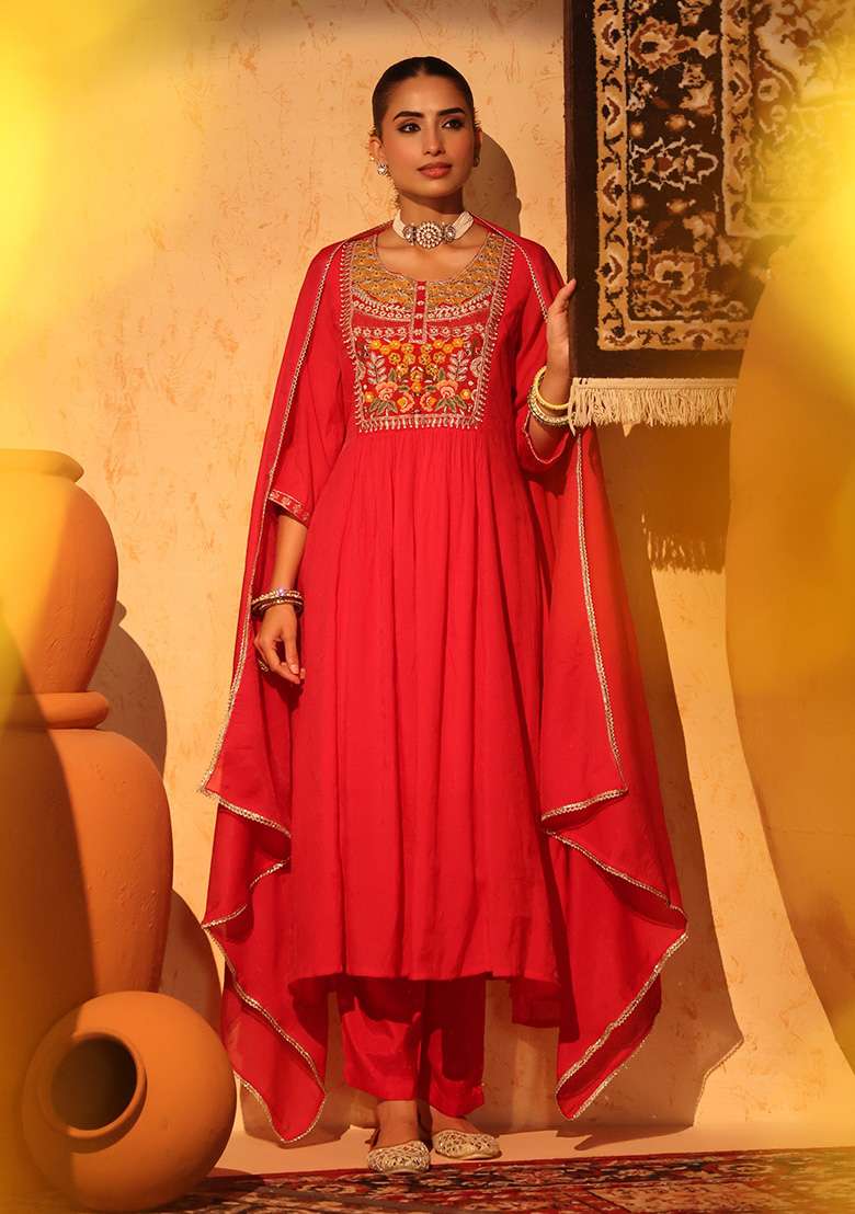 Red Embroidered Chanderi Anarkali With Dupatta - Indya