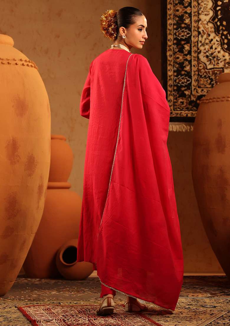 Red Embroidered Chanderi Anarkali With Dupatta - Indya