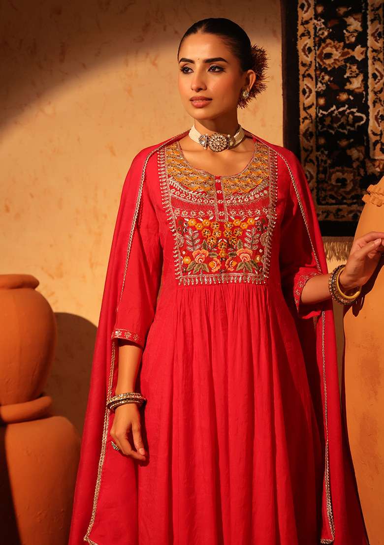 Red Embroidered Chanderi Anarkali With Dupatta - Indya