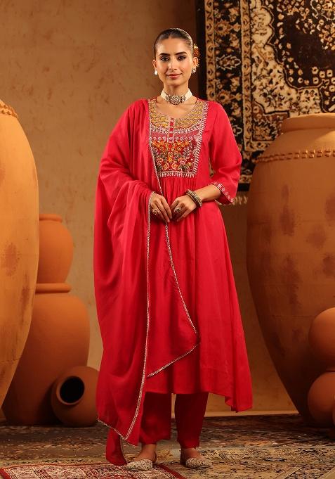Red Embroidered Chanderi Anarkali Set