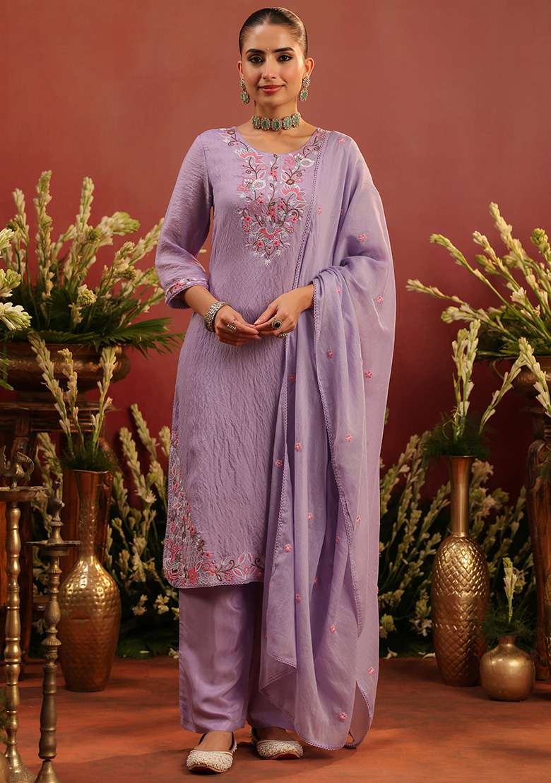 Lavender Embroidered Chanderi Straight Kurta Set - Indya