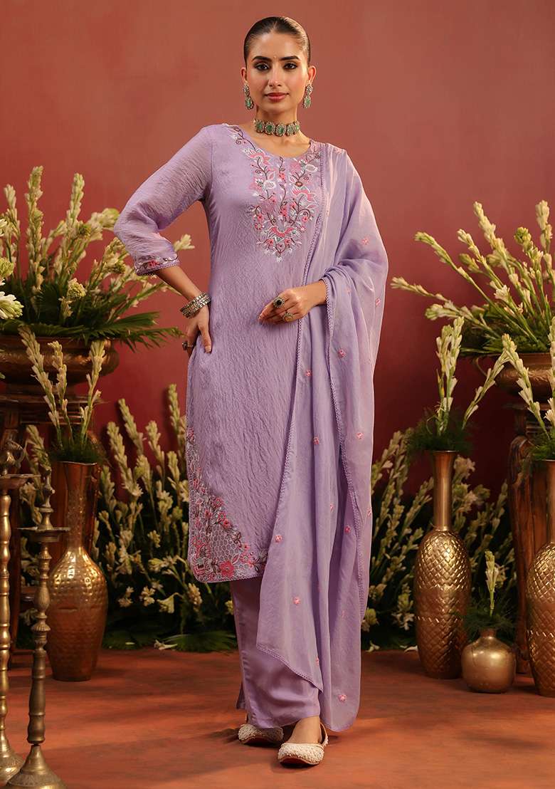 Lavender Embroidered Chanderi Straight Kurta Set - Indya